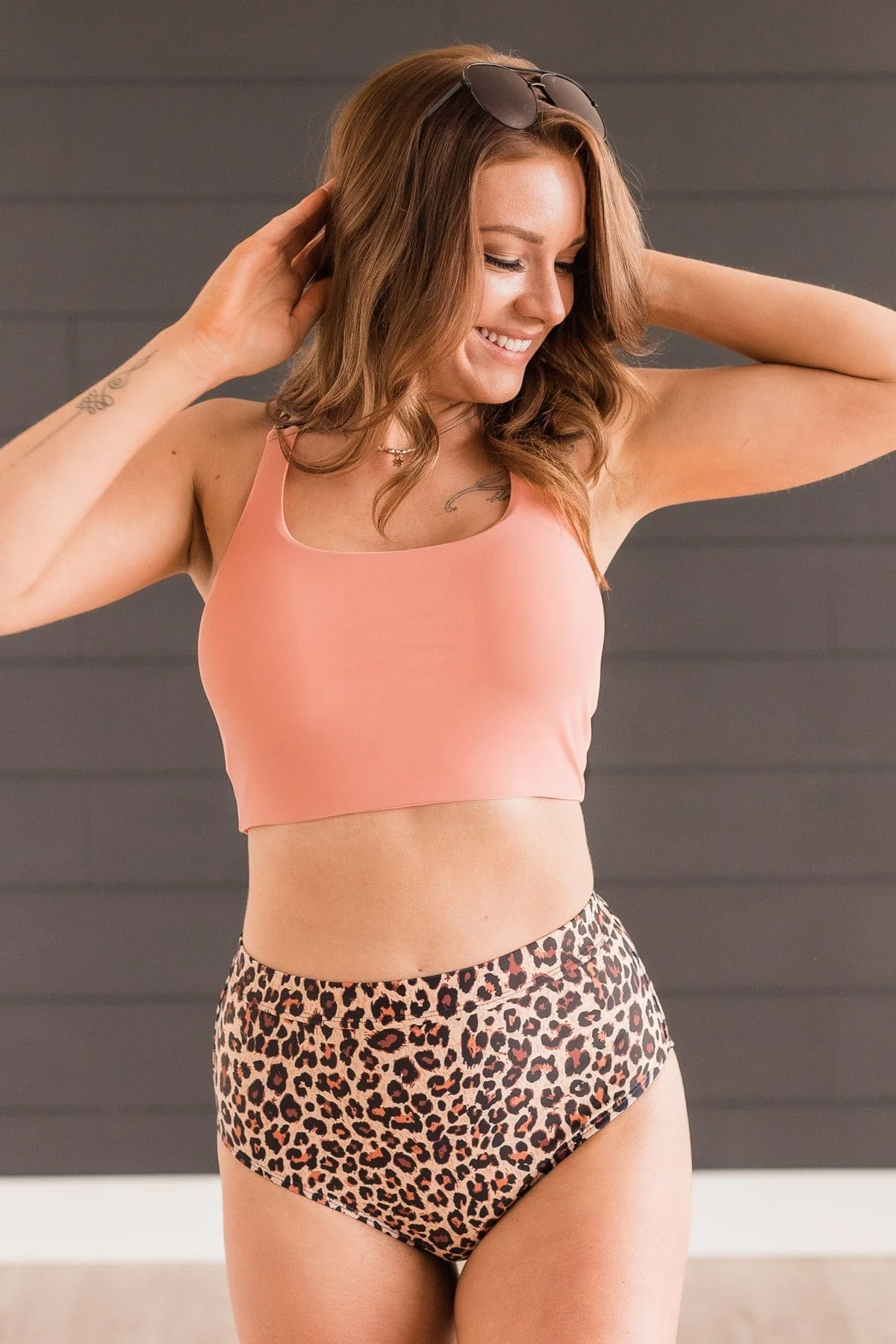 Along The Boardwalk Swim Top- Coral & Natural Leopard - Image 3