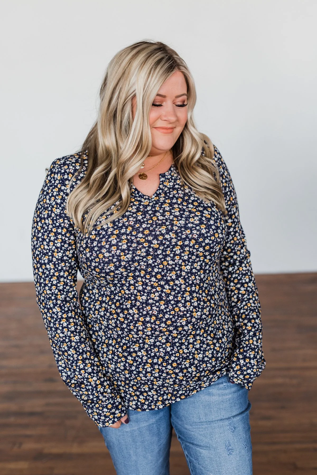 Before You Go Floral Notch Top- Navy - Image 7