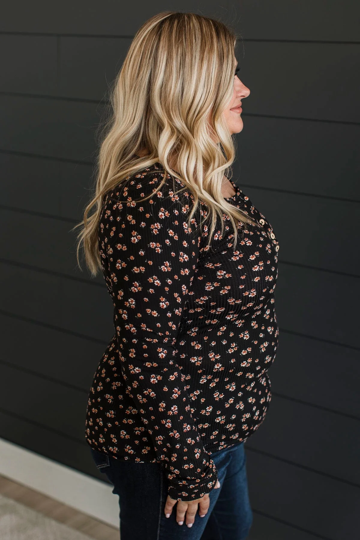 Going Along Floral Henley Top- Black & Rust - Image 3