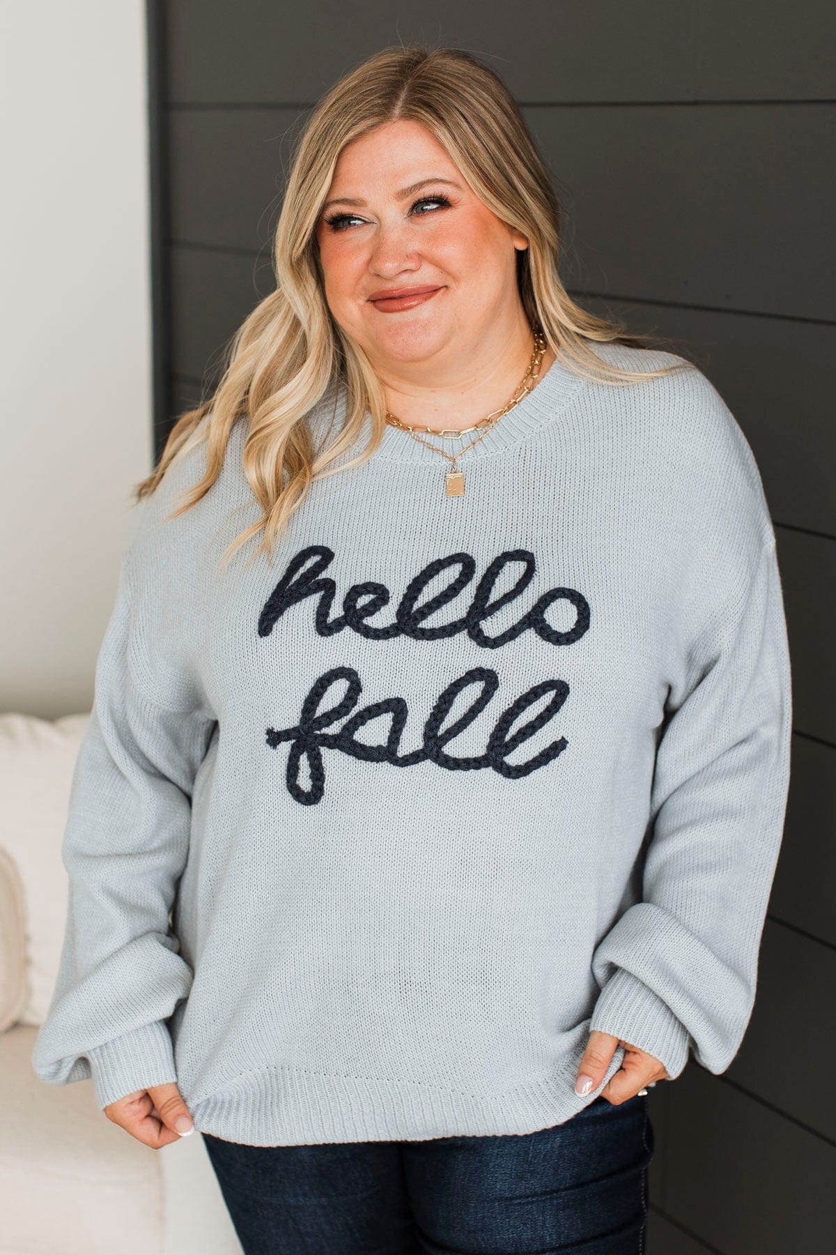 "Hello Fall" Embroidered Knit Sweater- Light Dusty Blue - Image 3