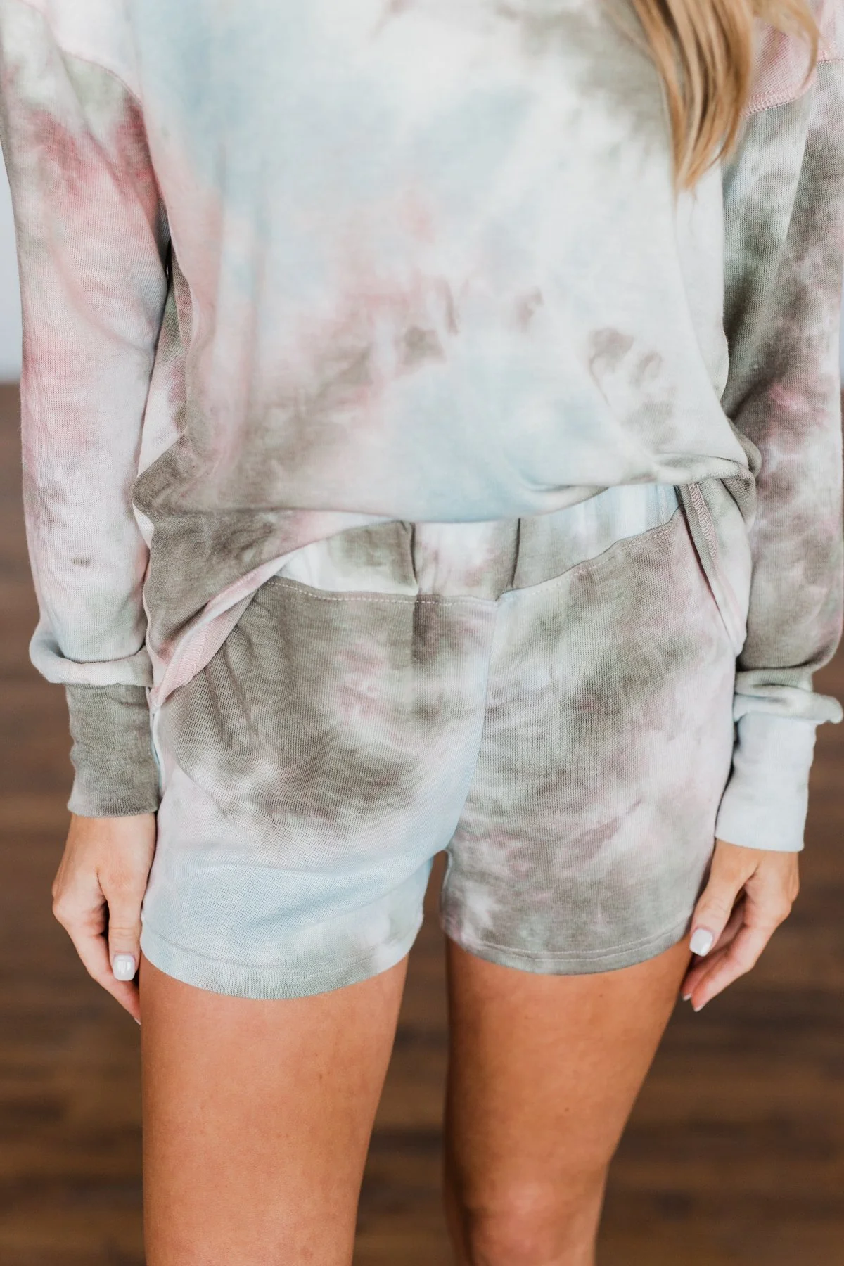 Tie Dye Lounge Shorts- Blue, Peach, & Olive - Image 5