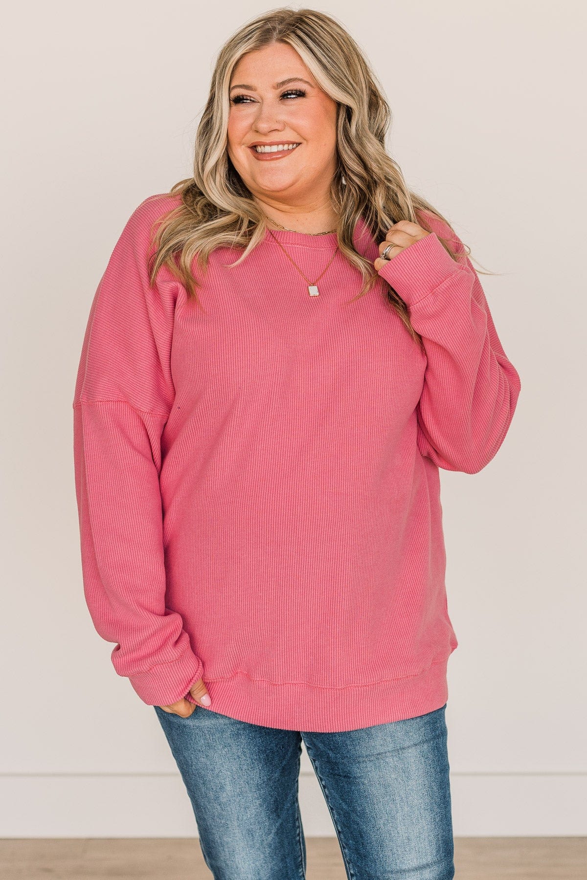 Walk My Way Corduroy Knit Crew Neck- Pink - Image 5