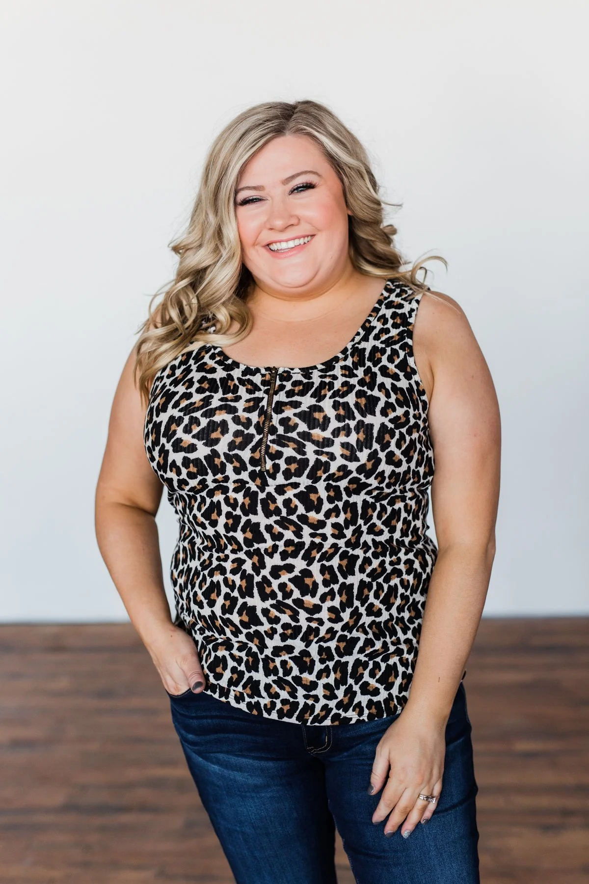 Zipper Henley Tank Top- Neutral Leopard - Image 4